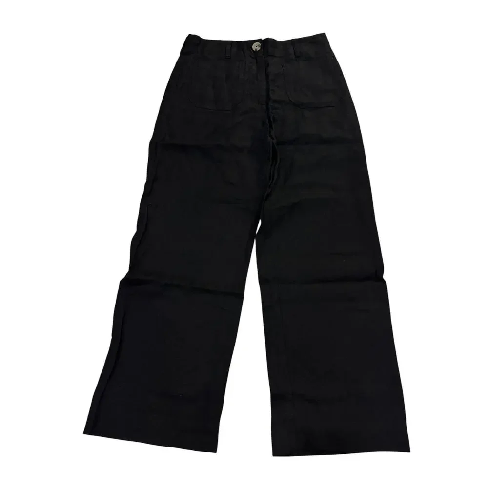 Quince 100% European Linen Patch Pocket Wide Leg Pants Women's Size 6 Black NWT